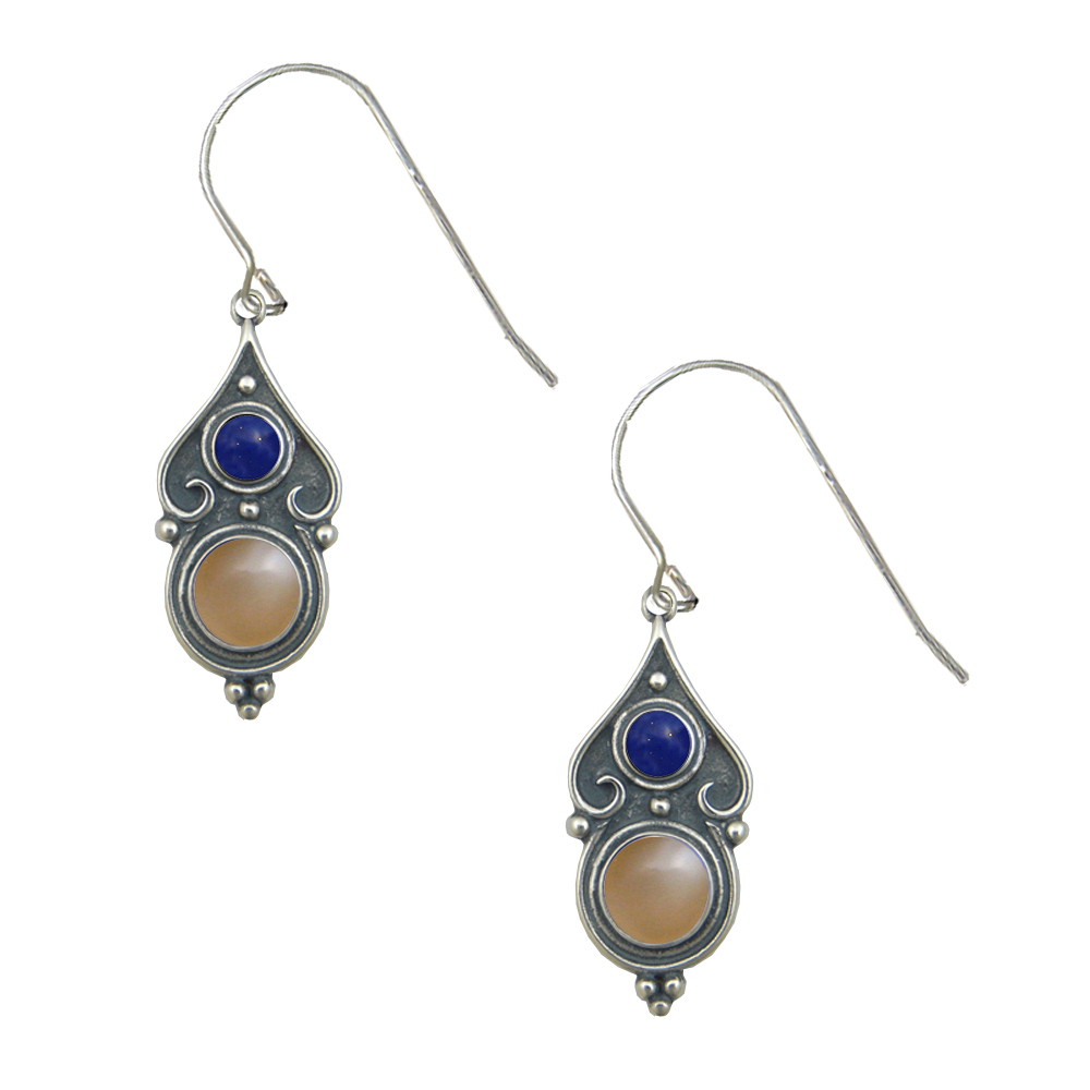 Sterling Silver Designer Post Stud Earrings With Peach Moonstone And Lapis Lazuli